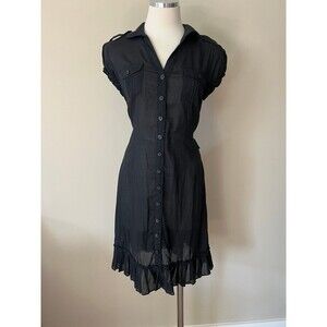 1990s - Y2K Black Lightweight Cotton Button Front Shirt Dress w/Ruffle Bottom